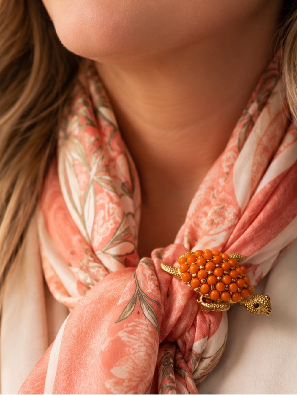 Turtle Brooch with Orange Beaded Shell